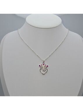 ✨2/$10✨ Silver-Tone Heart & Pink Crystal Crown Pendant Necklace 16''-18''